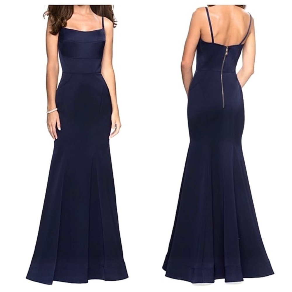 La Femme Navy Blue Satin Trumpet Gown Structured Corset Formal Dress NWOT 6